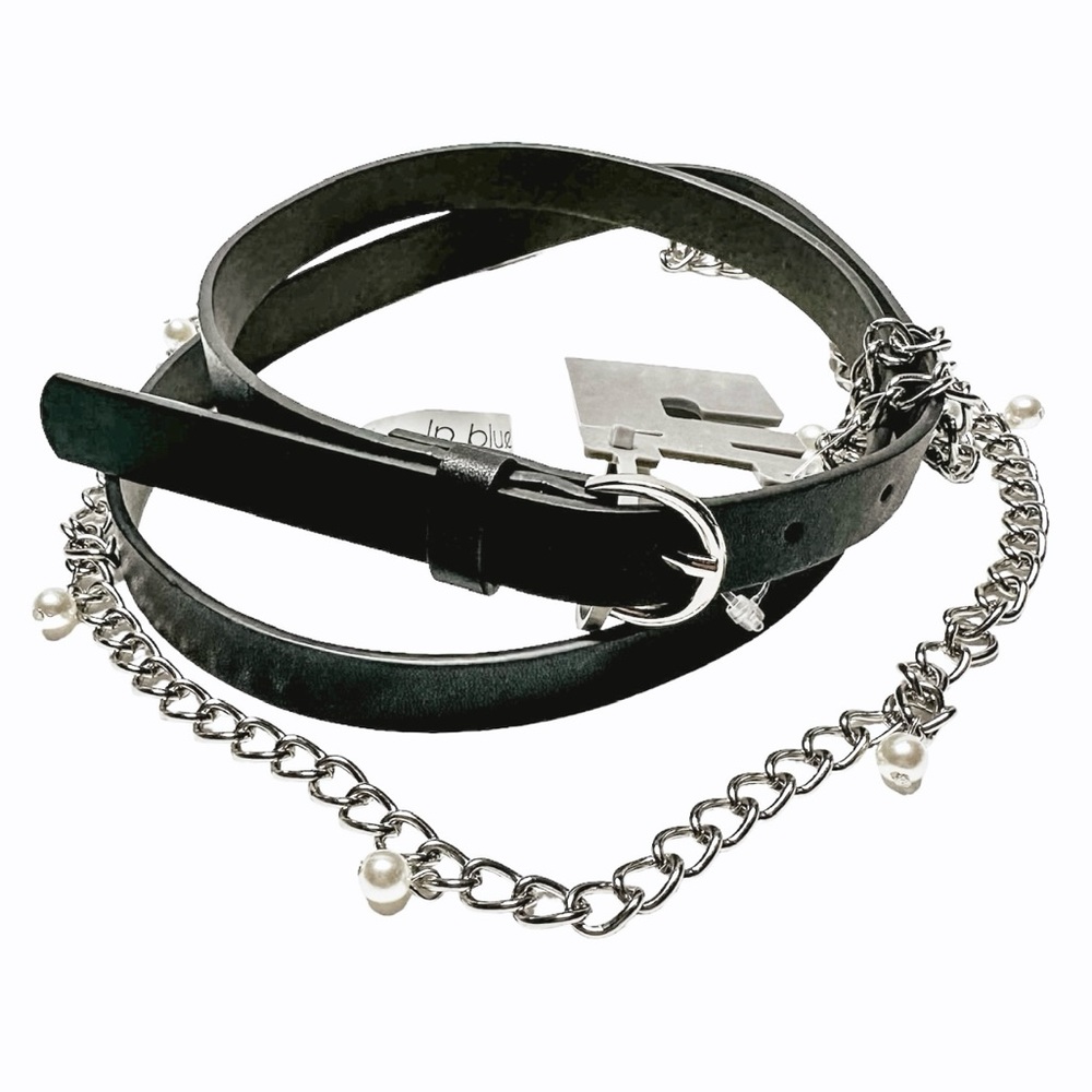 Linea Pelle LP Blue Faux Leather Black Belt With Chain
